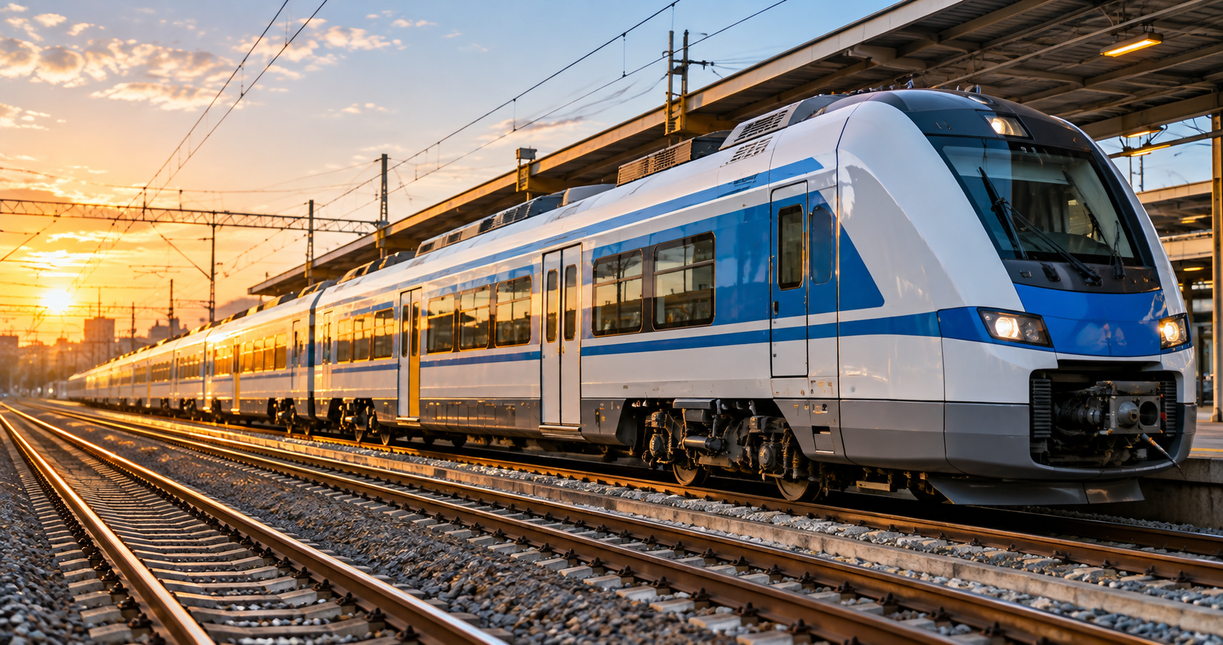 Treno azzurro e bianco in stazione al tramonto
